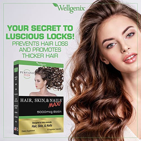 Purvana Max Hair, Skin, and Nails Vitamin Vegetable Capsules for High Absorption - Double Strength Biotin 5000 MCG, VIT A & B, Folic Acid, Grape Seed Extract - Herbal Supplement (30 Count) (1 Pack)