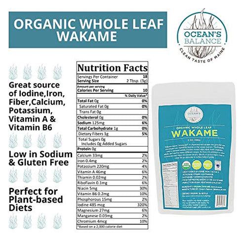 Ocean’s Balance Organic Whole Leaf Wakame - 2 Ounces - Maine Coast Seaweed - Perfect for Keto, Paleo, Vegetarian, and Vegan - Gluten Free - Atlantic Ocean Sea Vegetables