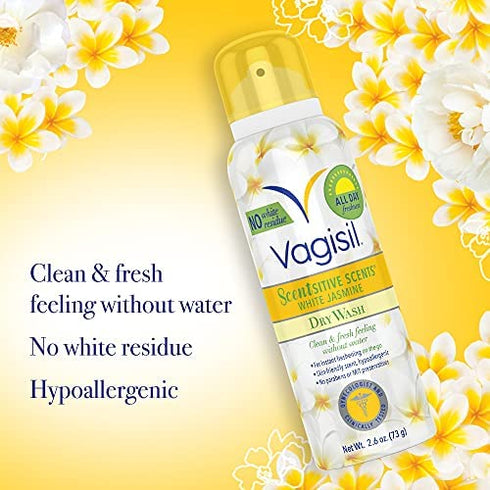 Vagisil Scentsitive Scents Feminine Dry Wash Deodorant Spray for Women, Gynecologist Tested, Paraben Free, White Jasmine , 2.6 Ounce (Pack of 1)