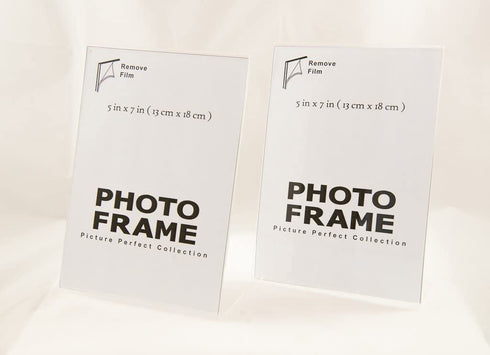 Photo Booth Frames - 5x7 Inch Clear Acrylic Display, Slanted Back Vertical Standing Plastic Picture or Display Sign Holder with Inserts - 12 Count