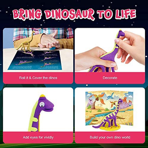 Create Your Own Clay Dino Build 4 Dinosaur Models with Air Dry Modeling Clay Arts & Crafts Kit for Boys & Girls Magic Modeling Clay for Kids Dinosaur Toys STEM Gifts Craft Activity Kit for Ages 6+