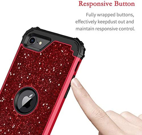 Hekodonk for iPhone SE 2022/2020 Case, Heavy Duty Shockproof Protection Hard Plastic+Silicone Rubber Hybrid Protective Case for iPhone SE 3rd/2nd Generation/iPhone 8/7 4.7" Bling Red