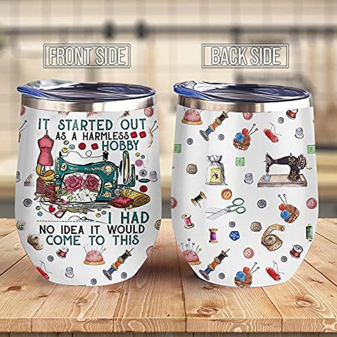 64HYDRO 12oz Sewing is My Passion Sewing Pattern Insulated Wine Tumbler with Lid - Stainless Steel Wine Glass for Travel, Office, Home - ABLZ2206001Z