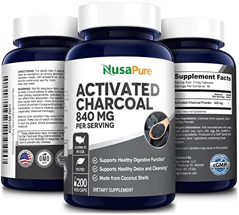 Activated Charcoal 840 mg- 200 Veggie Capsules (Vegan, Non-GMO & Gluten-Free)