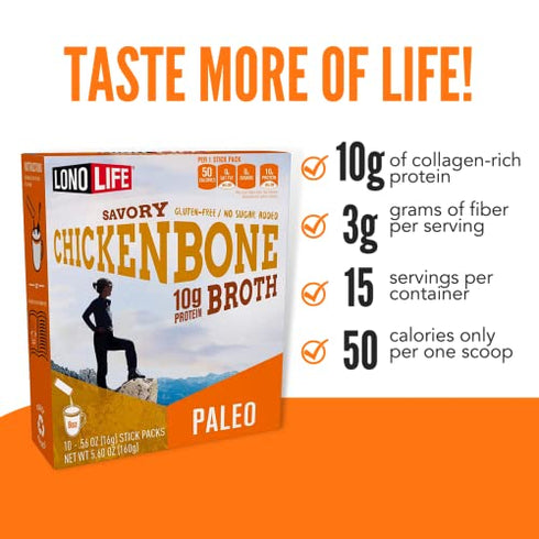 LonoLife - Chicken Bone Broth Sticks - 10g Collagen Protein - Grass-Fed, Gluten-Free - Keto & Paleo Friendly - Portable Individual Packets - 4 count