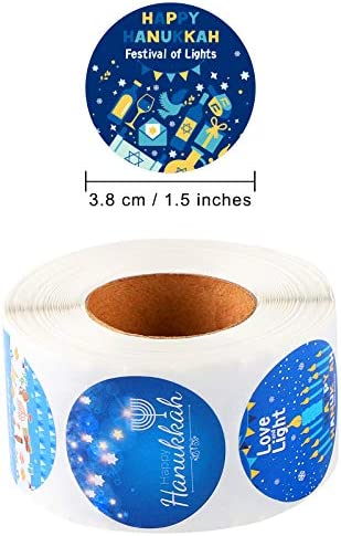 ELCOHO 600 Pieces Happy Hanukkah Stickers Holiday Menorah Labels Stickers Round Hanukkah Themed Seal Stickers for Holiday Decorations