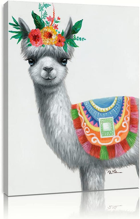 Llama Decor Canvas Wall Art: Llama with Flower Crown Posters Art Print Alpaca Picture Framed for Home Bathroom Decor, White Llama Painting Cute Animal Nursery Decor for Teen Girls Room 12"x16"