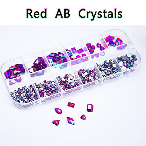 660Pcs AB Red Rhinestones Crystals Gems Nail Art Flat Back Round Beads Red AB Multi Sized Shapes Gems Rhinestone Stones for Nail Art DIY Jewelry Crafts Accessories