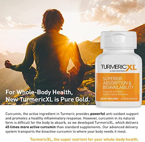 TurmericXL Natural Joint Support & Healthy Inflammatory Response Supplement - 250mg Turmeric Extract Delivers 45x More Curcumin - High Absorption, Gluten-Free – 30 Veggie Capsules