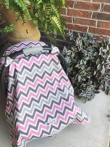 Baby Carseat Canopy Cover-Breathable Infant Car Seat Cover Helps Protect Babies-Our Baby Car Seat Covers Also Double as a Nursing Cover, High Chair Cover & Playmat-Pink & Gray Chevron with Gray Minky