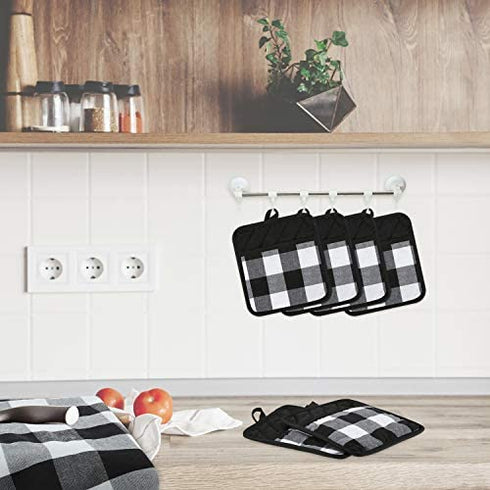 4 Pieces Buffalo Check Pot Holders with Pocket Potholders Buffalo Plaid Cloth Gloves Pocket Black and White Pot Holders for Kitchen