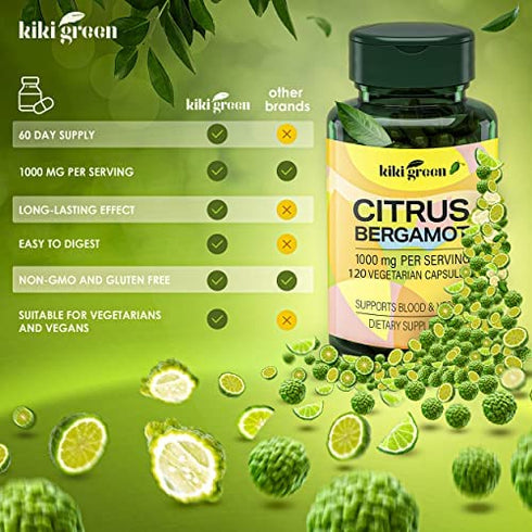 Citrus Bergamot Supplement for high Cholesterol 1000 mg - Cholesterol lowering Supplements 120 Bergamot Capsules , Citrus Bergamot for Cholesterol Non-GMO & Vegan by KIKI Green