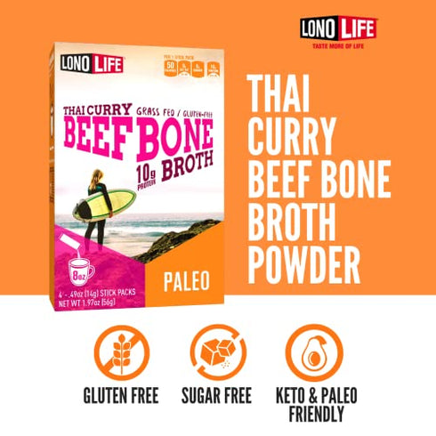 LonoLife - Thai Curry Beef Bone Broth Sticks - 10g Collagen Protein - Grass-Fed, Gluten-Free - Keto & Paleo Friendly - Portable Individual Packets - 4 count