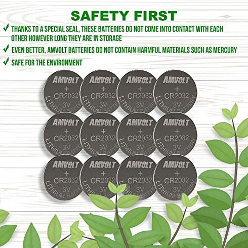 AmVolt- Pack of 12 CR2032 Batteries, 220mAh 3 Volt Lithium Battery, Long Lasting Coin Cell 2032 Batteries for Small Electronic Devices