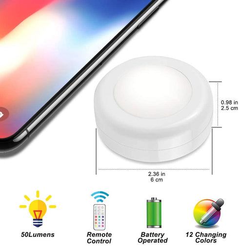 Wireless LED Puck Light 6 Pack with 2 Remote Control, RGB Color Changing & Dimmable LED Under Cabinet Lighting, Battery Powered Closet Lights for Kitchen, Stick On Lights-Small Size 3xAAA Battery