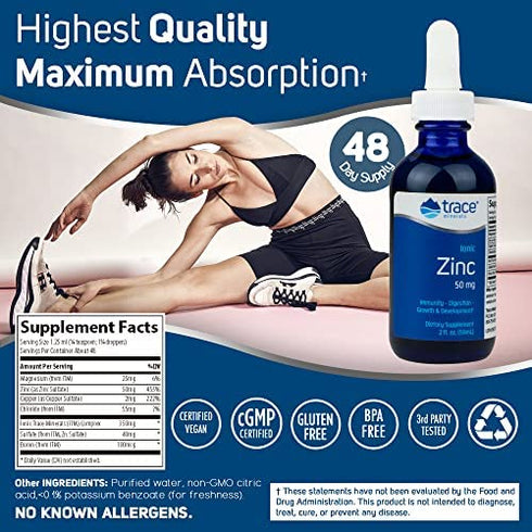 Trace Minerals | Liquid Ionic Zinc | 50 mg Zinc with Magnesium Supports Immune System, Digestion, Growth and Development | For Kids and Adults | 45 servings, 2 fl oz (1 Pack)