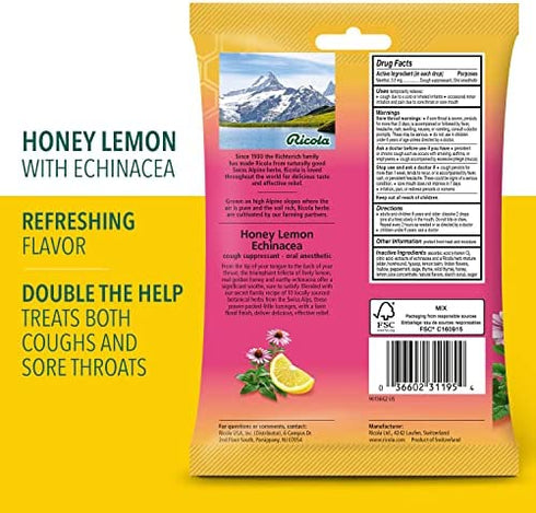 Ricola Honey Lemon w/Echinacea Herbal Cough Suppressant Throat Drops, 19ct Bag (Pack of 4)