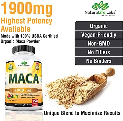 Organic Maca Root Black, Red, Yellow 1900 MG per Serving - 150 Vegan Capsules Peruvian Maca Root Gelatinized 100% Pure Non-GMO Supports Reproductive Health Natural Energizer