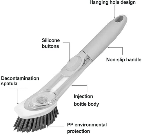 Cenbee Soap Dispensing Dish Brush with 4 Replaceable Heads, Updated No Leaking Soap Dish Scrubber Soap Dispenser, Kitchen Dish Brush with Soap Dispenser for Pot Pan Sink Cleaning(Light Gray)