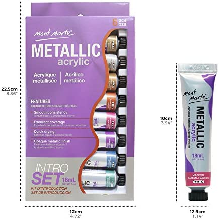 Mont Marte Metallic Acrylic Paint Set 8 Piece x 18 ml Tubes, Lightfast Colors with Smooth Consistency and Opaque Metallic Finish.