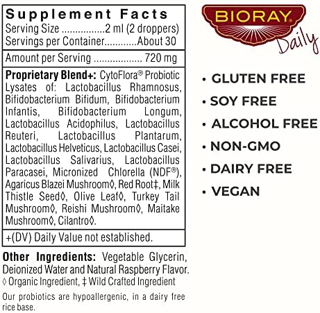 BIORAY Daily Belly Mend - 2 fl oz - 11-Strain Probiotic Blend with Medicinal Mushrooms - Supports Healthy Gut & Bowel Functions - Non-GMO, Vegetarian, Gluten Free