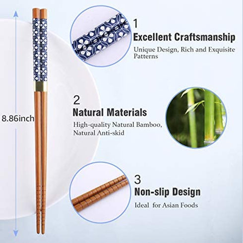 GLAMFIELDS Bamboo Chopsticks Reusable Japanese Style Lightweight 5 Pairs Ramen Chop Sticks Case Gift Set