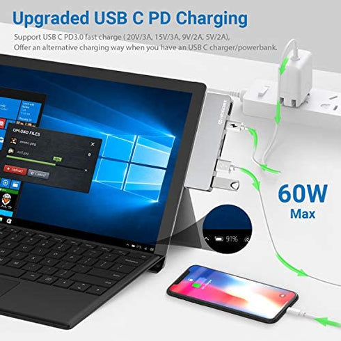 Surface Pro 7 USB C Hub, HOGORE 6-in-2 Surface Pro Adapter Dock with 4K HDMI, USB C PD charging, 2USB3.0,SD/MicroSD Card Reader, for Microsoft Surface Pro 7 Accessories, MS Surface Pro Docking Station