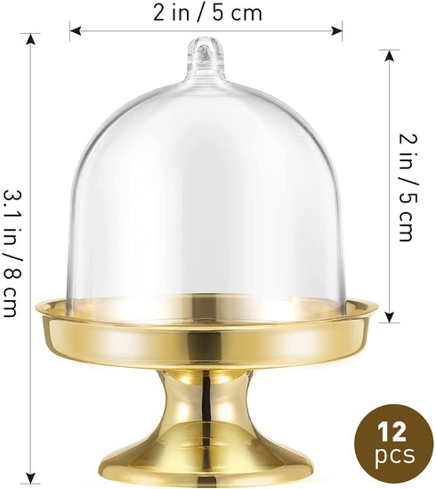 BESTONZON 12pcs Mini Cake Stand Chocolate Cupcake Candy Display Plate with Lid for Birthday Wedding Party Supplies - 8 x 6 x 6cm (Golden Base)