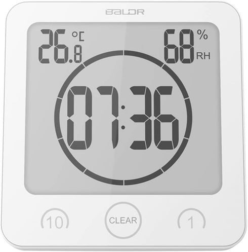 BALDR Waterproof Alarm Clock with Timer for Bathroom Shower - Wall Mounted LCD Clock Displays Time, Temperature & Indoor Relative Humidity