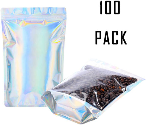 100 PCS Holographic Mylar Bags Stand Up Resealable Mylar Bags 6x9 inch by NPLUX