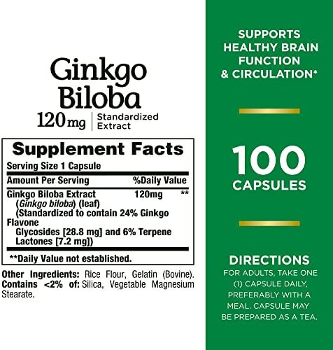 Nature’s Bounty Ginkgo Biloba Capsules 120mg, Memory Support Supplement, Supports Brain Function and Mental Alertness, 100 Capsules