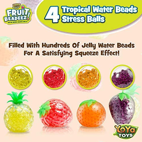 YoYa Toys Beadeez Squishy Fruit Stress Balls Toy (4-Pack) Tropical Designs Filled with Colorful, Squeezable Gel Water Beads - Promote Stress Relief, Calm Focus, Fun Play - Girls, Boys, Adults