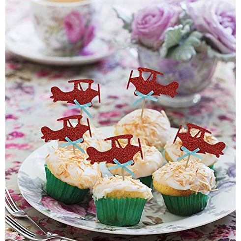 HOKPA Airplane Cupcake Toppers Cake Food Dessert Picks Baby Shower Kids' Boys Birthday Party Decors (24PCS Red)