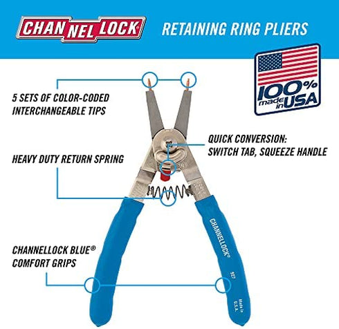 Channellock 927 8-Inch Snap Ring Plier | Precision Circlip Retaining Ring Pliers | Includes 5 Pairs of Interchangeable Tips | Made in the USA