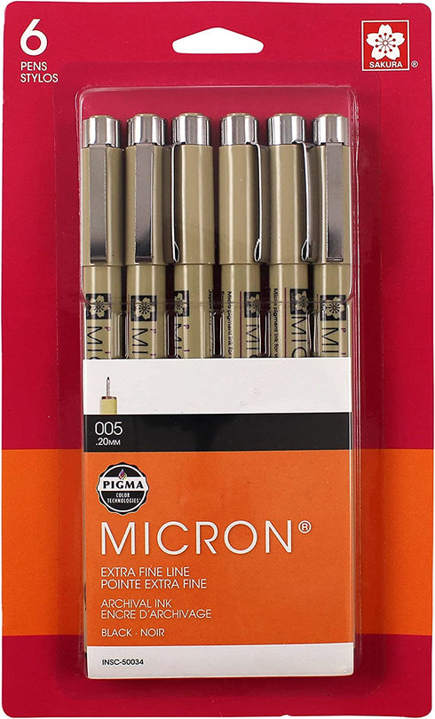 Sakura Pigma 50034 Micron Blister Card Ink Pen Set, Black, 005 6CT