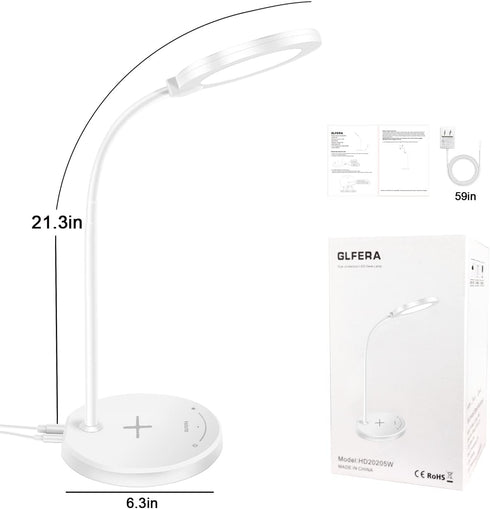 Desk Lamp with Wireless Charger, LED Desk lamp with USB Charging Port, 5 Lighting Modes 10 Brightness Levels, Sensitive Control Eye-Caring Office Lamp White