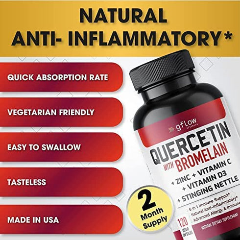 Quercetin with Vitamin C and Zinc - Quercetin 500mg - Quercetin with Bromelain - Zinc Quercetin - Stinging Nettle -120 Veggie Caps. Quercetin Supplements + Vitamin D3 (Non-GMO, Gluten-Free, Vegan)