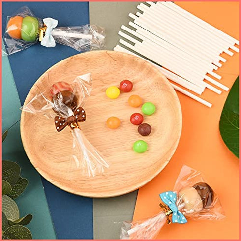 320Pcs Cake Pop Sticks and Wrappers, Lollipop Sticks Cake Pop Bags with Metallic Twist Ties Bow, for Making Lollipops Cookies Candies Chocolates
