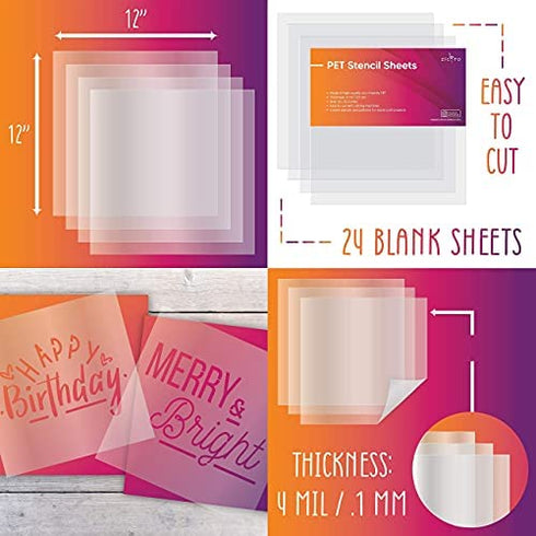 Easy Cut Stencil Sheet Set of 24 - 12”x12” Acetate Mylar for Cricut Vinyl Cutting – Craft Material