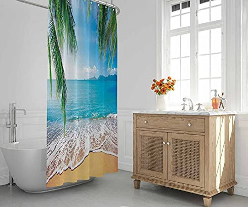 Allenjoy Tropical Beach Shower Curtain Summer Seaside Scene Ocean Island Palm Tree Bathroom Decorations Curtain Durable Bathtub Showers Decor with 12 Hooks 72x72 Inch