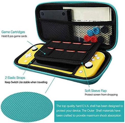 Accessories Kit for Nintendo Switch Lite - YOOWA Accessories Bundle with Carrying Case, Protective Cover case, 2-Pack Tempered Glass Screen Protector, Adjustable Play Stand, 6 Thumb Grips