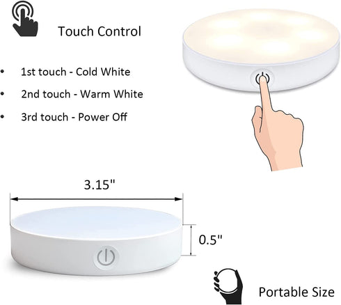 Warm White / Cold White Touch Night Lights, USB Rechargeable LED Cabinet Light, Stick On Anywhere Closet Light for Bathroom, Bedroom and Counter, Dimmable, 2 Pieces