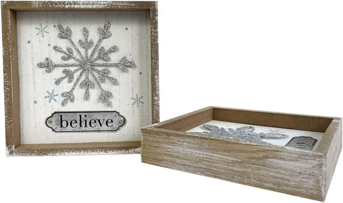 Heyaner Christmas Decorations for Home Snowflake Believe Joy Table Decor Wooden Rustic Farmhouse Block 2Pack 7 x 7 Inches Winter Holidays Sign for Party Coffee Table
