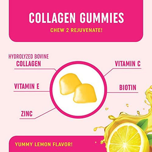 Collagen Gummies (200MG) with Biotin (2,500MCG) Vitamin C, E & Zinc | Lemon Flavor | Anti Aging, Hair Growth, Skin, Strong Nails | Hydrolyzed Collagen Protein Supplements | 60 Non-GMO Gummy Vitamins
