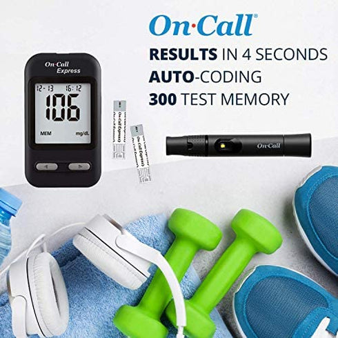 On Call Express Diabetes Testing Kit- Blood Glucose Meter, 10 Blood Test Strips, 1 Lancing Device, 30g Lancets, Control Solution, Carrying Case, Log Book, Black