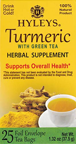 Hyleys Wellness Turmeric with Green Tea - 25 Tea Bags (100% Natural, Sugar Free, Gluten Free and Non-GMO)