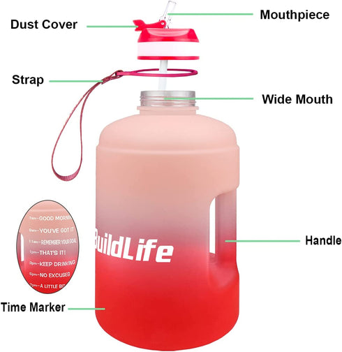 BuildLife Gallon Motivational Water Bottle Wide Mouth with Straw & Time Marked to Drink More Daily - BPA Free Reusable Gym Sports Outdoor Large 128OZ/73OZ Capacity