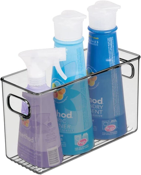 mDesign Plastic Storage Bin Container with Handles for Bathroom Vanity Countertop, Shelves, Cabinet and Under Sink Storage - Holds Hand Soap, Body Wash, Shampoo, Lotion - 10" Long, 2 Pack - Smoke Gray