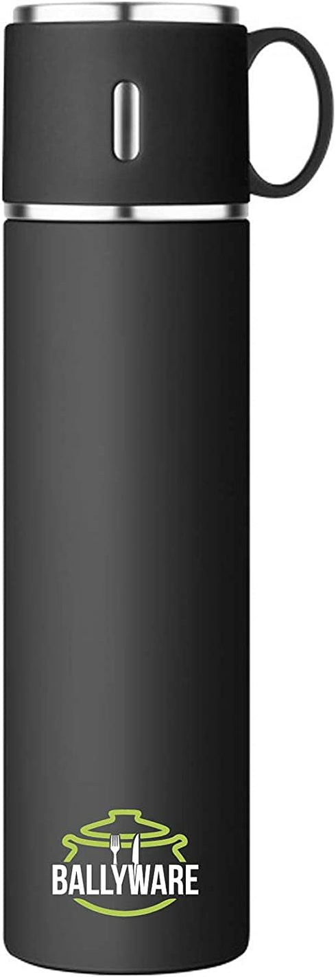 Ballyware 20oz Stainless Steel Vacuum Insulated Flask, Leak Proof Thermos For Hot Drinks With Cup - For Indoor and Outdoor (Black)