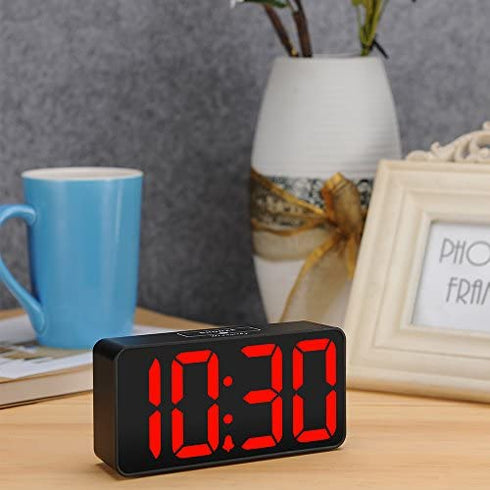 DreamSky Compact Digital Alarm Clock with USB Port for Charging, 0-100% Brightness Dimmer, Red Bold Digit Display, 12/24Hr, Snooze, Adjustable Alarm Volume, Small Desk Bedroom Bedside Clocks.